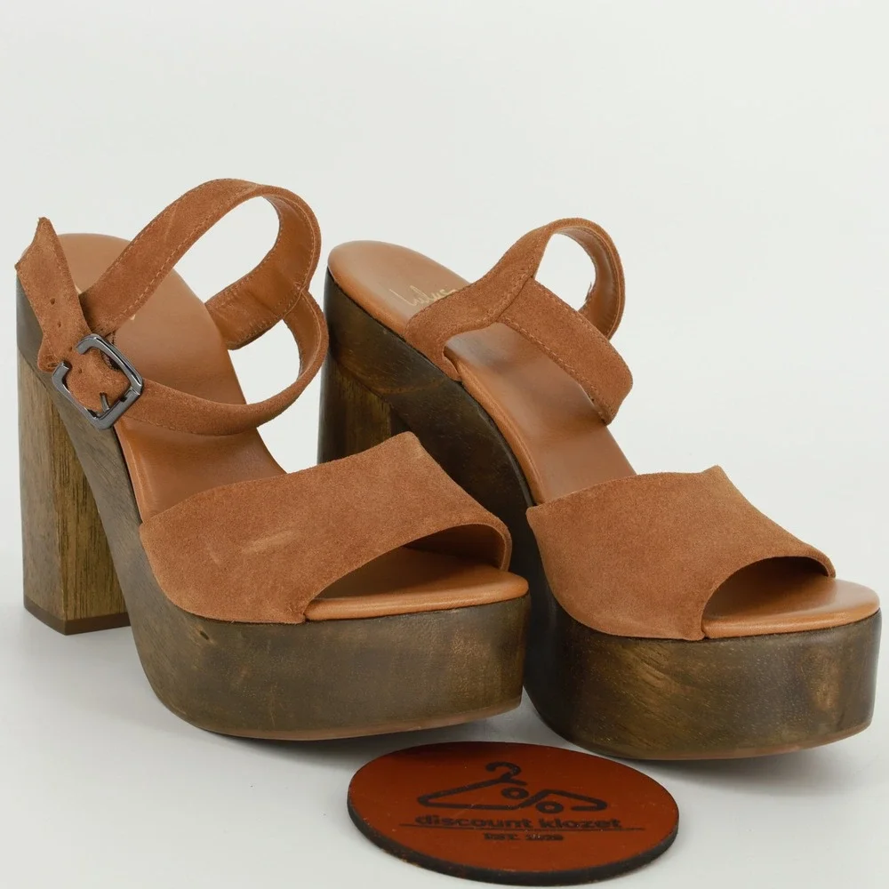 Lulus Lolita Leather Cognac Suede Wooden Platform Heels Size 8 Chunky Retro Boho